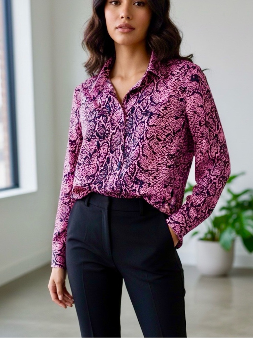 Brave Soul Pink Snake-Print Button Down Shirt -S- NWOT